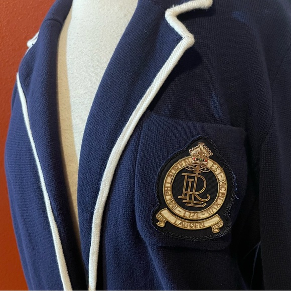 Laurel Ralph Lauren Women’s Navy Pocket Crest Crown One Button Academia Blazer - Picture 3 of 5